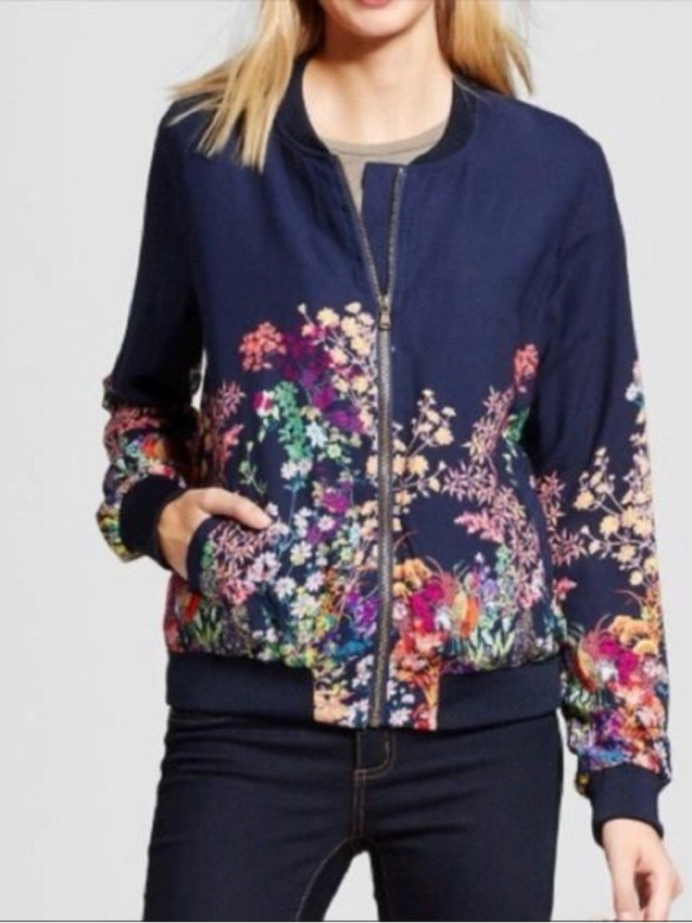 Merona Navy Floral Bomber Jacket
